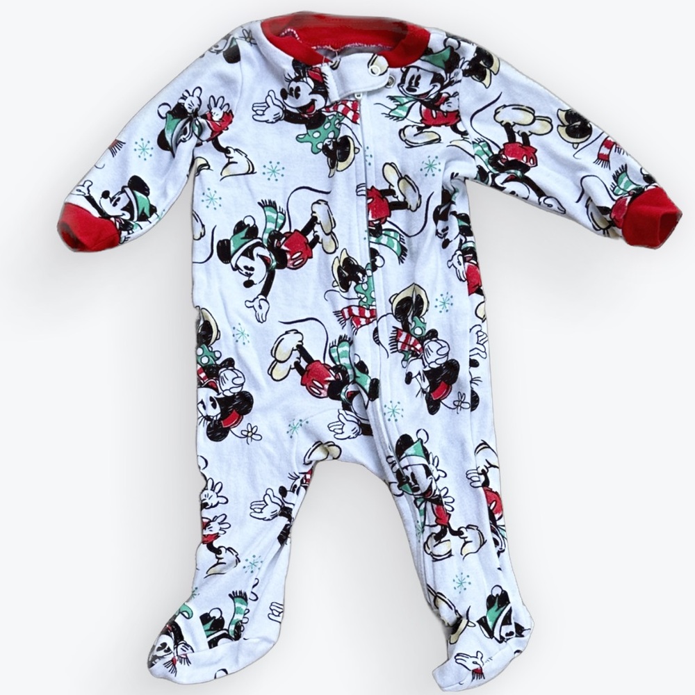 DISNEY Mickey & Minnie Mouse Winter Full-Zip Footed Red Trim One Piece ~ 0-3 mos
